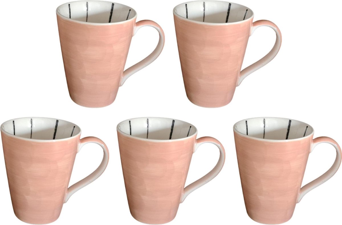 Mok - Beker - Set van 5 stuks mokken/bekers - Keramiek - 100% hand painted - Parel roze - 300 ml