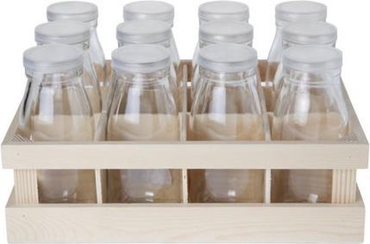 Beugelflessen set - Beugelfles - Melkfles - Waterfles - Limonadefles - Swing Fles - 25cl - met houten flessendrager - 12 stuks