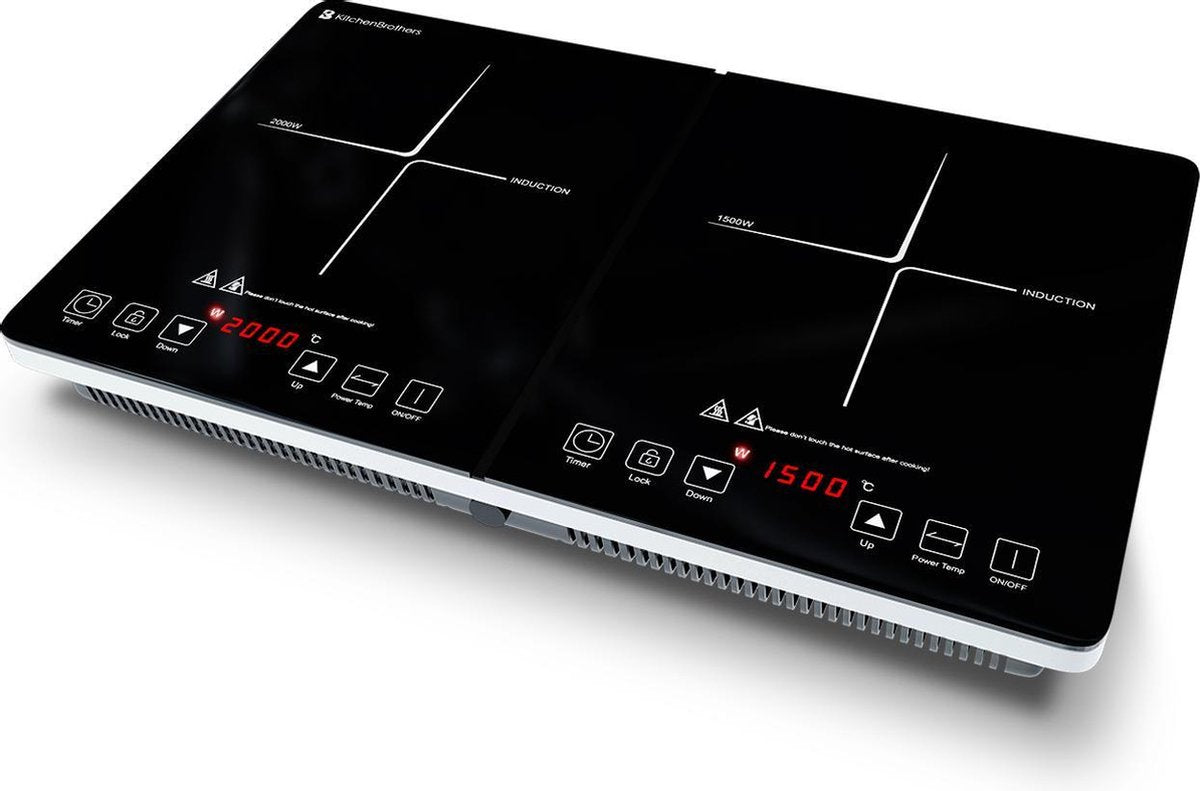 KitchenBrothers Inductie Kookplaat - 2 Pits - Elektrisch - Vrijstaand - 1 Fase - 1500W + 2000W - Timer - 60-240°C - Zwart