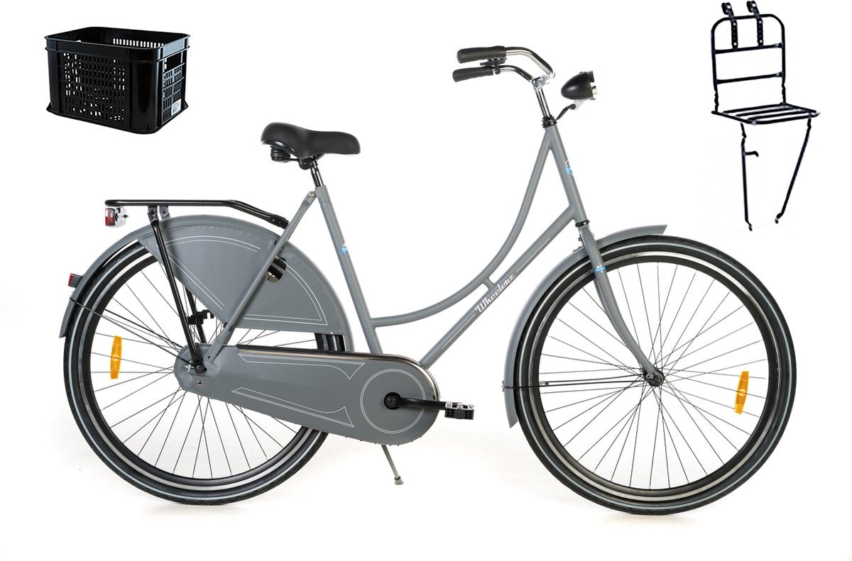 Wheelerz omafiets grijs met voordrager en krat
