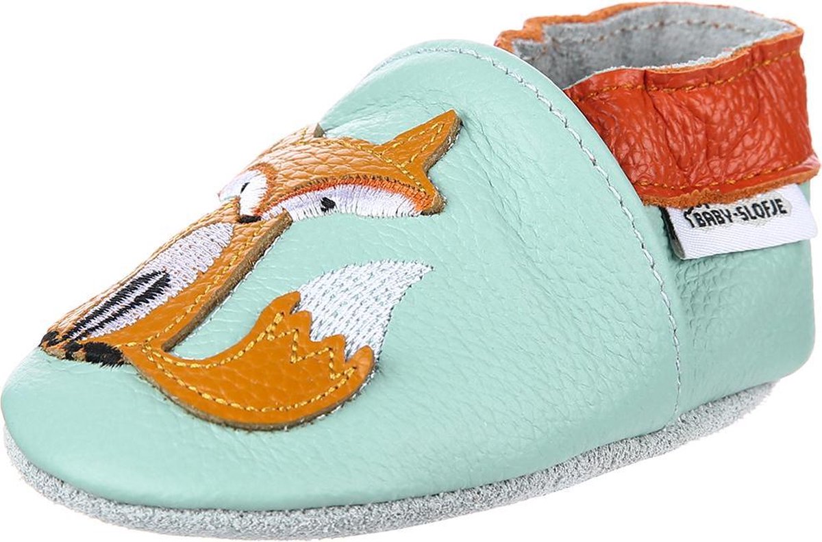 Groen leren babyslofjes van Baby-Slofje Vos maat 3-9 maanden
