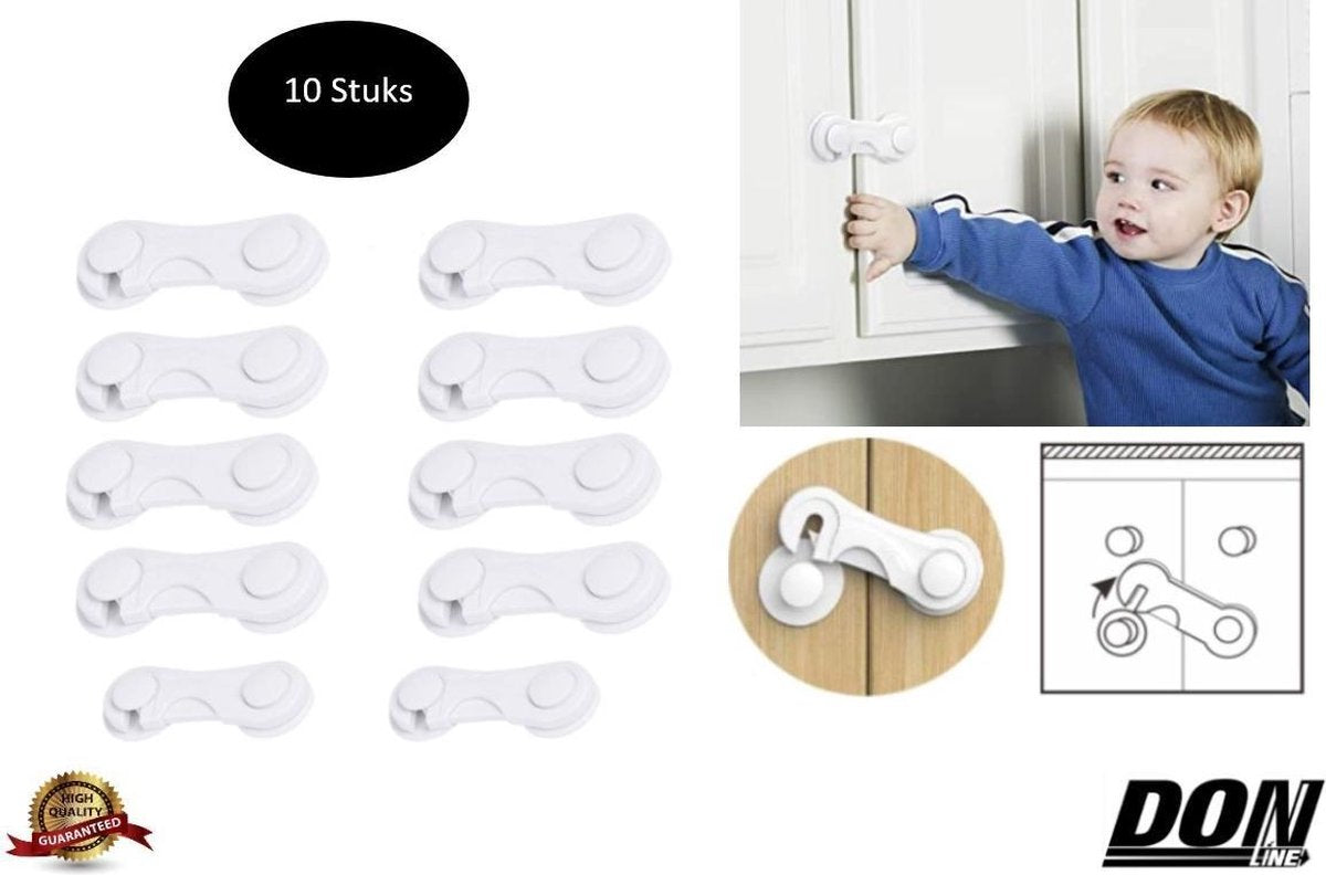 10 Stuks - Kinder Veiligheidsslotjes / Kast slot / Baby Lock / Deurbeveiliging / Lade slot / Kinderslot voor Kastjes en Lades / Kinder Veiligheid / Multifunctioneel Kinderbeveiliging Baby + Peuter Veiligheid - Met krachtige 3M Tape - Wit /