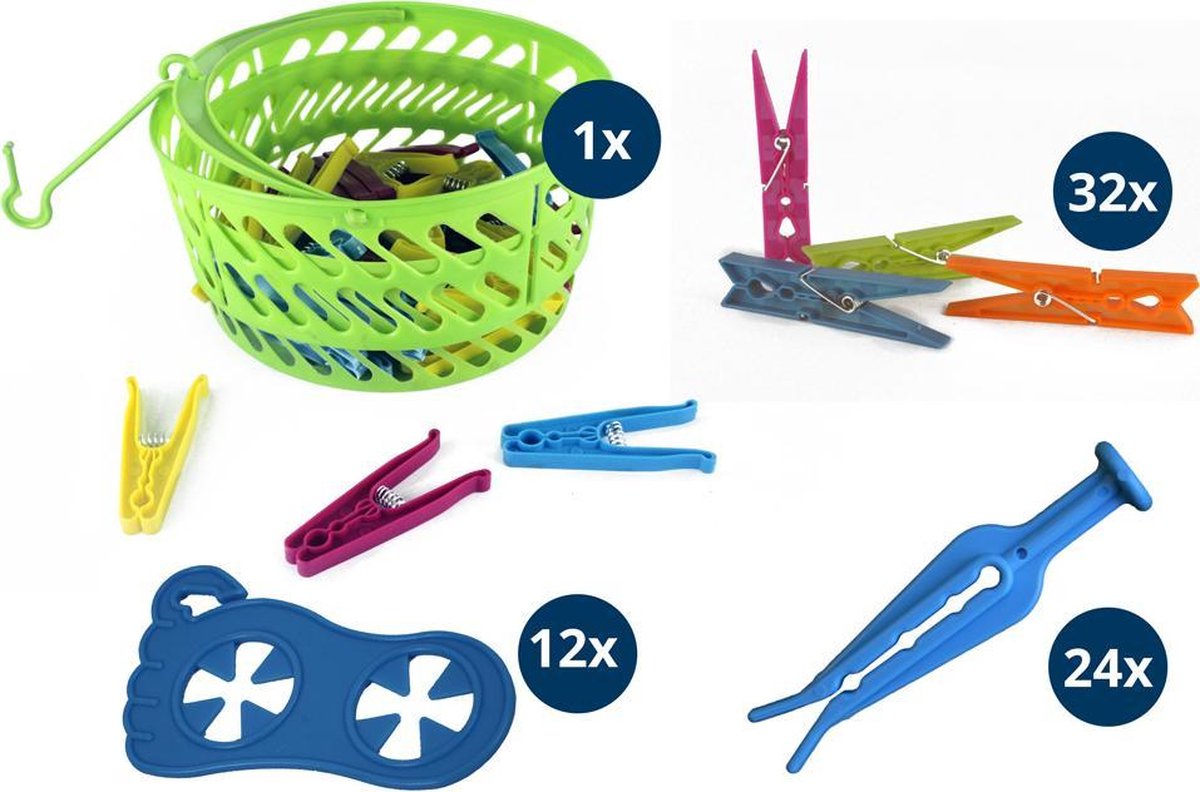 Wasknijper-voordeelpakket - Mandje met 36 wasknijpers - 24 Stormknijpers - 12 Sokkenknijpers - 32 knijpers assorti kleuren