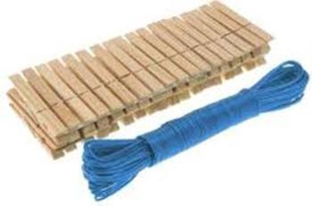 Houten wasknijpers ( 18 stuks) + Waslijn (15m) - Bruin / Blauw - Hout  / Kunststof