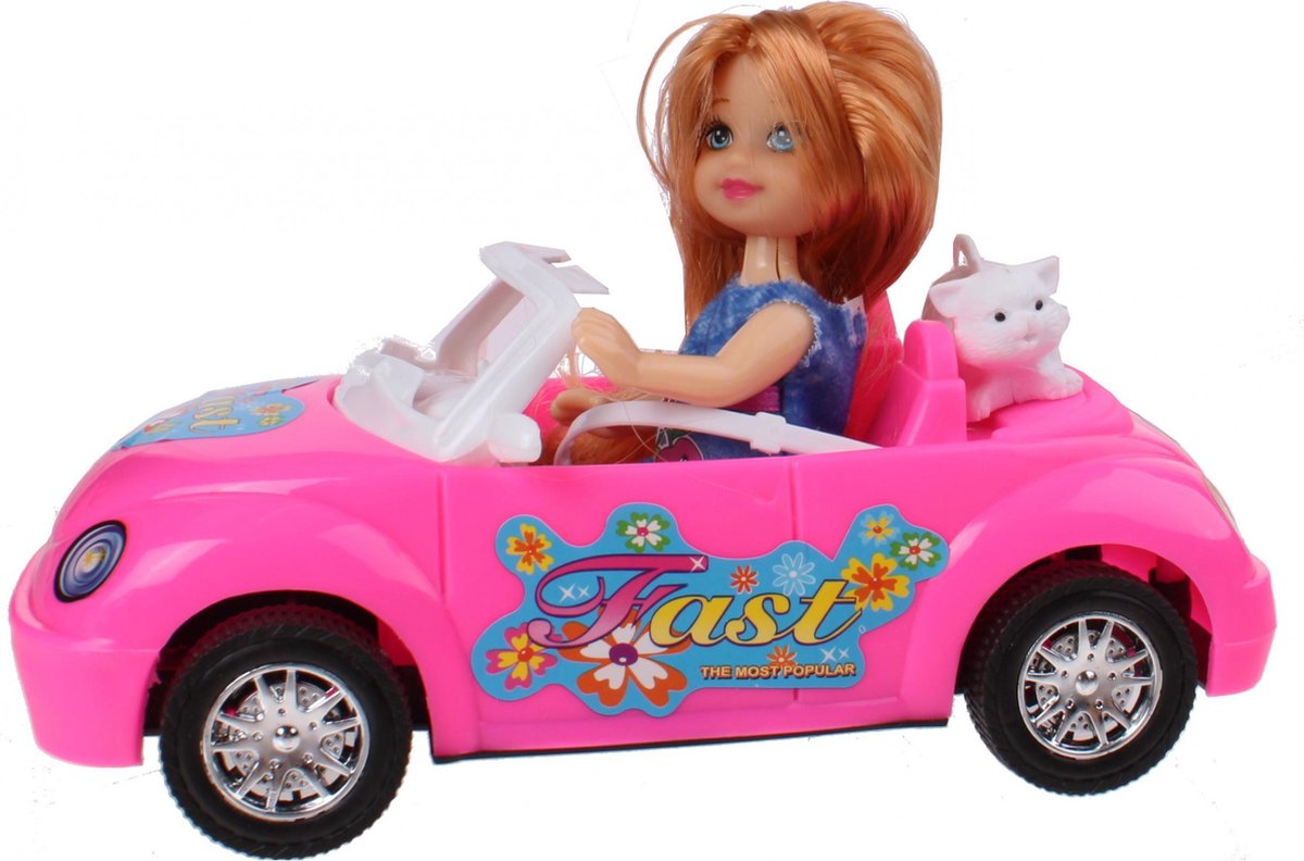Jonotoys Popje Met Auto En Kat 12 Cm Roze