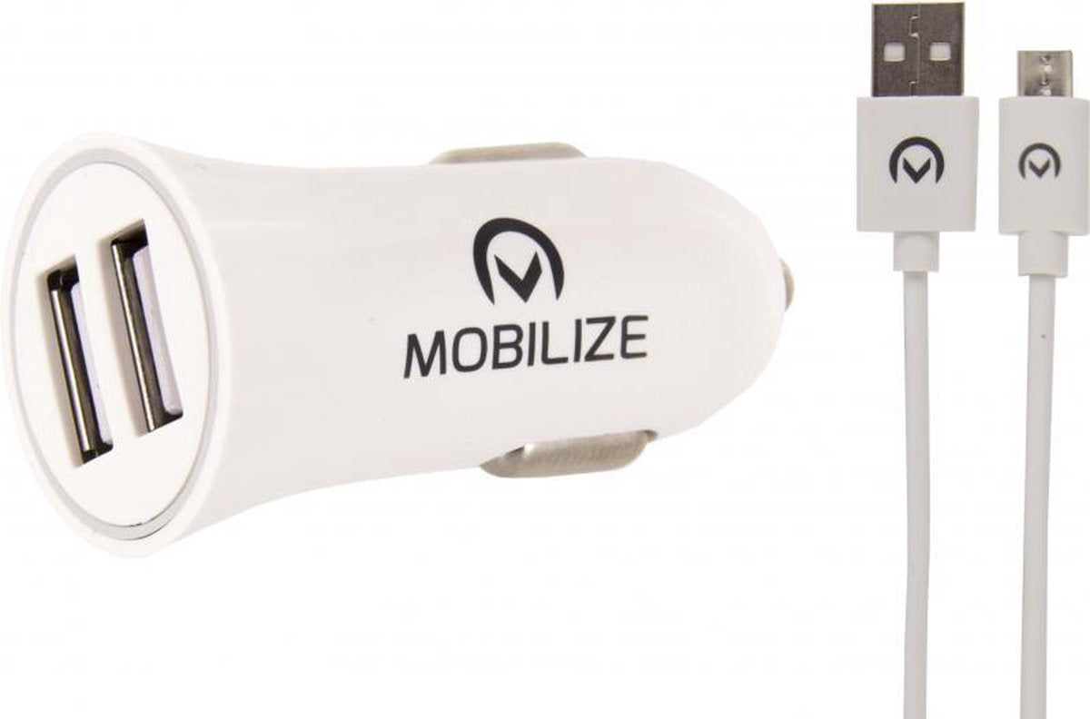 Mobilize Car Charger Dual USB 2.4A + 1m Micro USB Cable White