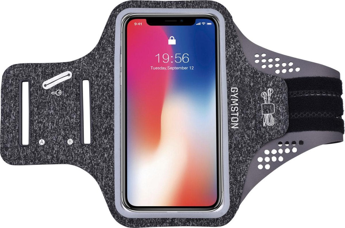Gymston Universele Smartphone Hardloop Armband Grijs met kaarthouder Inclusief ruimte voor pasjes en 2 sleutels- Sport Hardloopband – Reflecterend / Verstelbaar / Sportarmbanden / Geschikt voor iPhone 11 Pro / XS / X / 8 / 7 / 6S / 6 - Spatwaterdicht