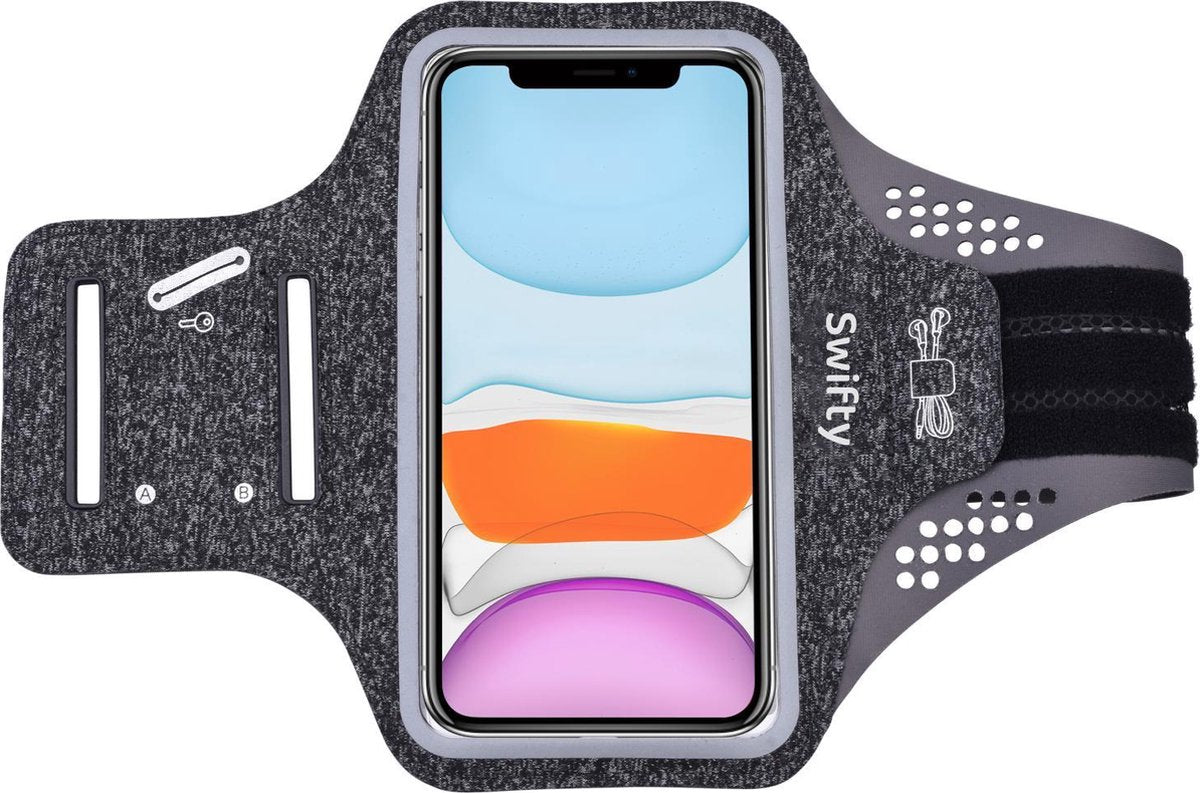 Swifty Universele Smartphone Hardloop Armband met kaarthouder Inclusief ruimte voor pasjes en 2 sleutels - Sportarmband - Smartphonehouder - Geschikt voor iPhone 11 Pro / XS / X / 8 / 7 / 6S / 6 - Samsung - Huawei - 100% Spatwaterdicht - Grijs