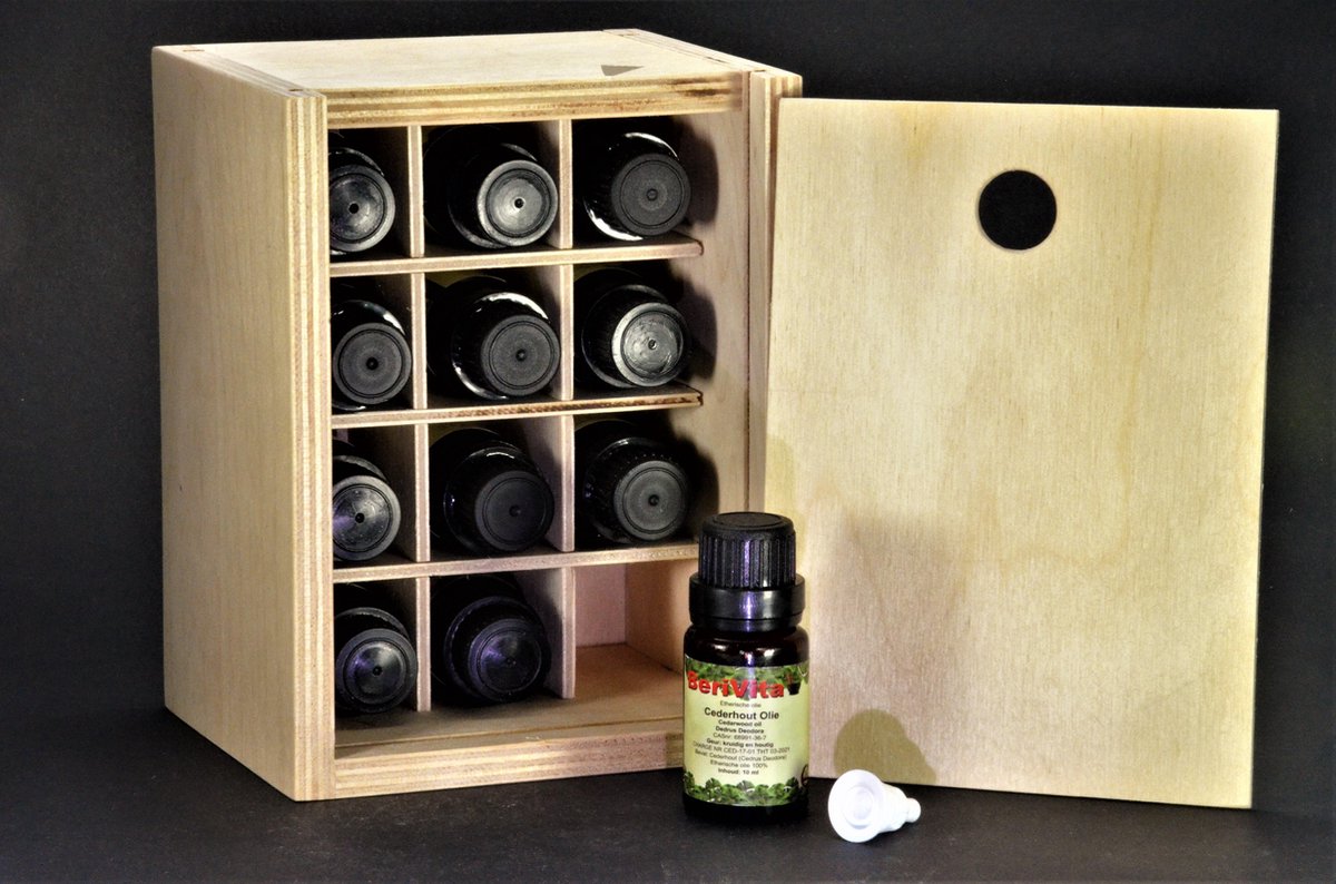 Etherische Olie Set 12x10ml Etherische Oliën met Stevige Houten Opbergkist - 100% Zuiver en Puur - Voordeelpakket Essentiële Olie Set