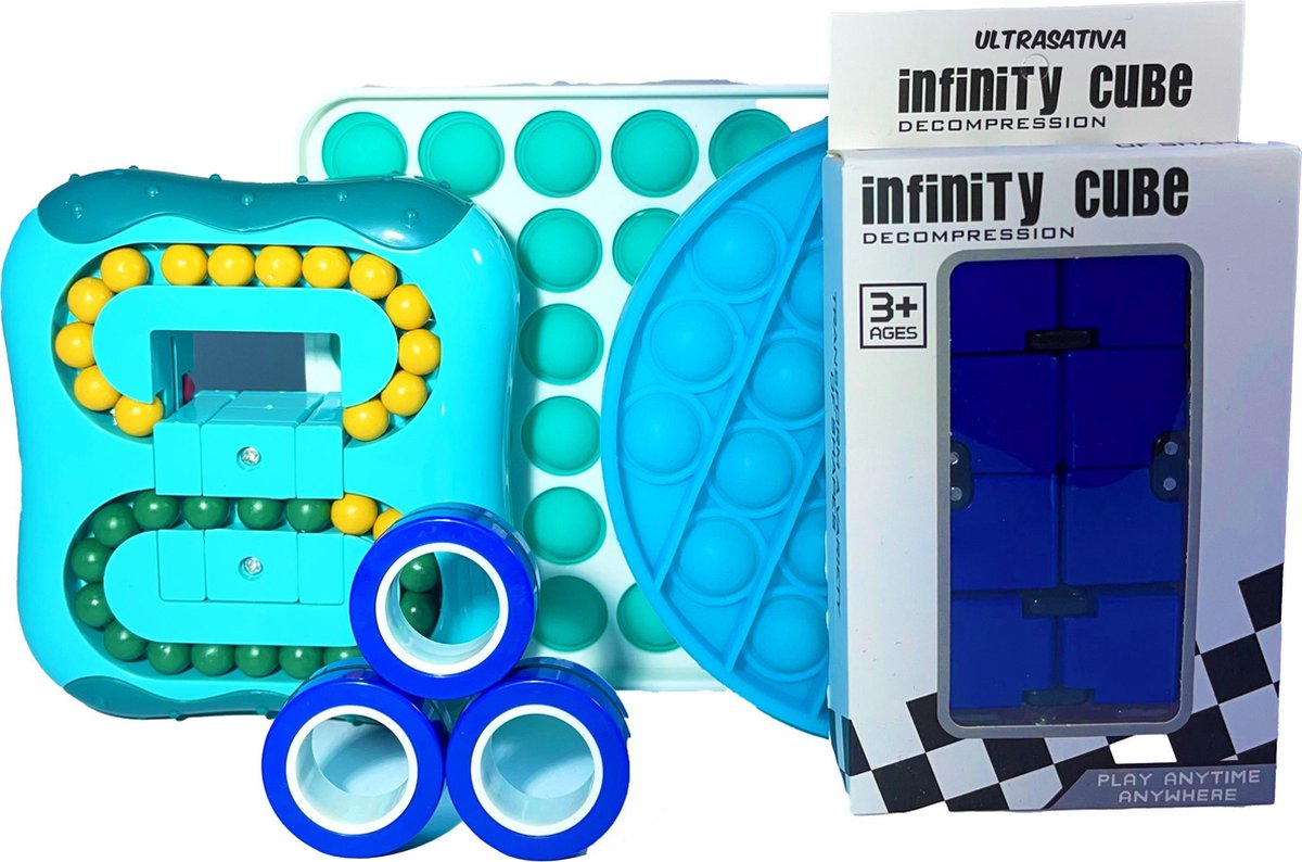 Ultrasativa® - Blue Pakket - Infinity Cube - Pop It - Magic Rings - Plastic Pop It - Hard Plastic Pop It - IQ Ball - Blauw - Fidget - Fidget Pakket - Fidgets - Fidget Toys - Nieuwste TikTok Trend