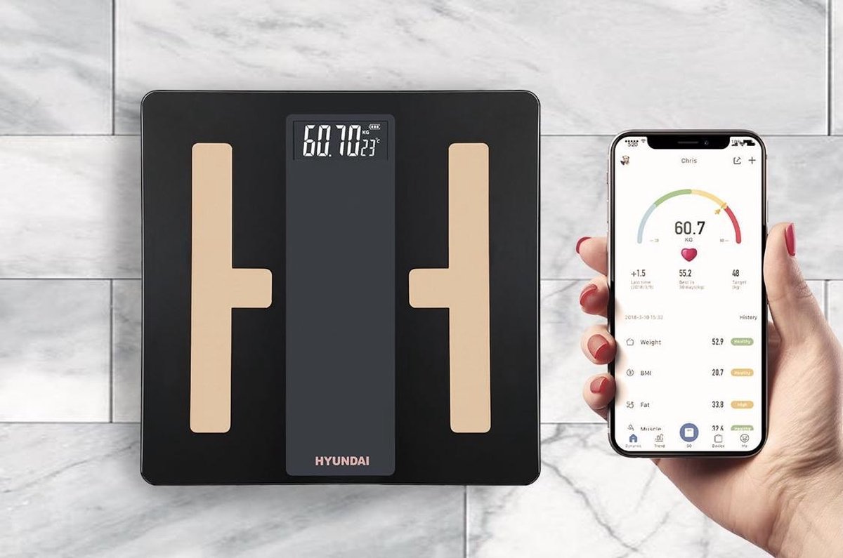 Hyundai - Digitale personenweegschaal met Bluetooth en lichaamsanalyse - Zwart/Roségoud