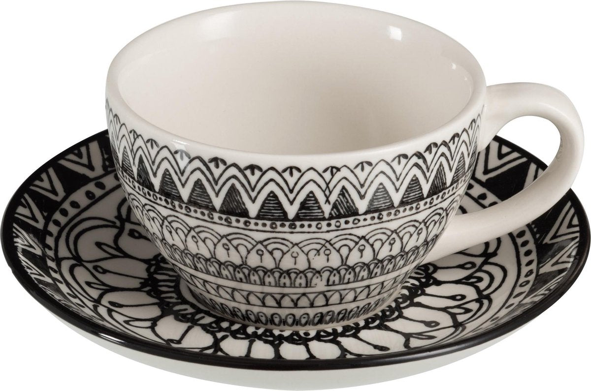 J-Line Koffietas Schotel Monochroom Boho Keramiek Zwart/Wit