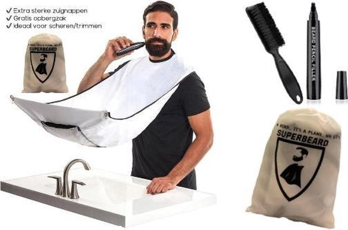 A-LABEL Baardkit - Vaderdag cadeau - inclusief baard schort met 2 sterke zuignappen - inclusief Baard pen ZWART - inclusief Baard Borstel - Superbeard - Trimmen - Baard