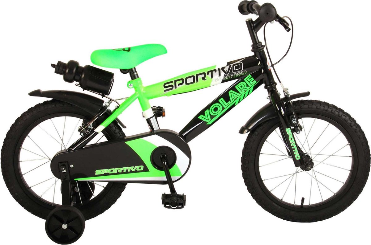 Volare Sportivo Kinderfiets - Jongens - 16 inch - Neon Groen Zwart - Twee Handremmen - 95% afgemonteerd