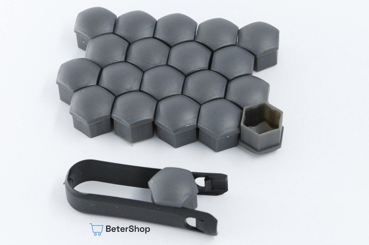 Wielmoerkapjes 21 mm - Grijs / Antraciet Matt - Kunststof - Set van 20 stuks incl. tweezer tool - Tesla 3