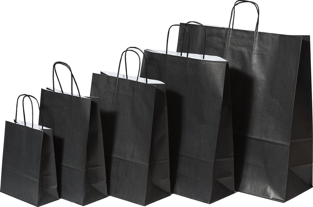 Draagtassen Papier Zwart 22+10x31cm Kraft Papier 90 grams (50 stuks)