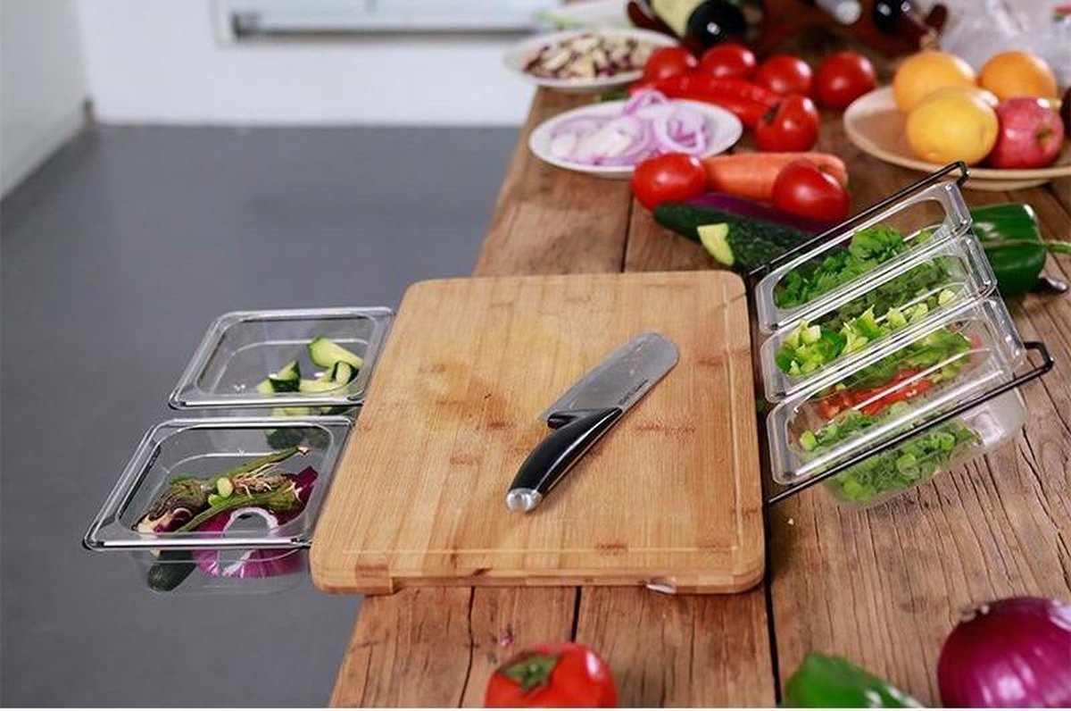 ESSENTIALS73 Bamboe snijplank + opvangbakken · 5 Kunststof containers · bbq · Bamboo · vlees · groente · fruit