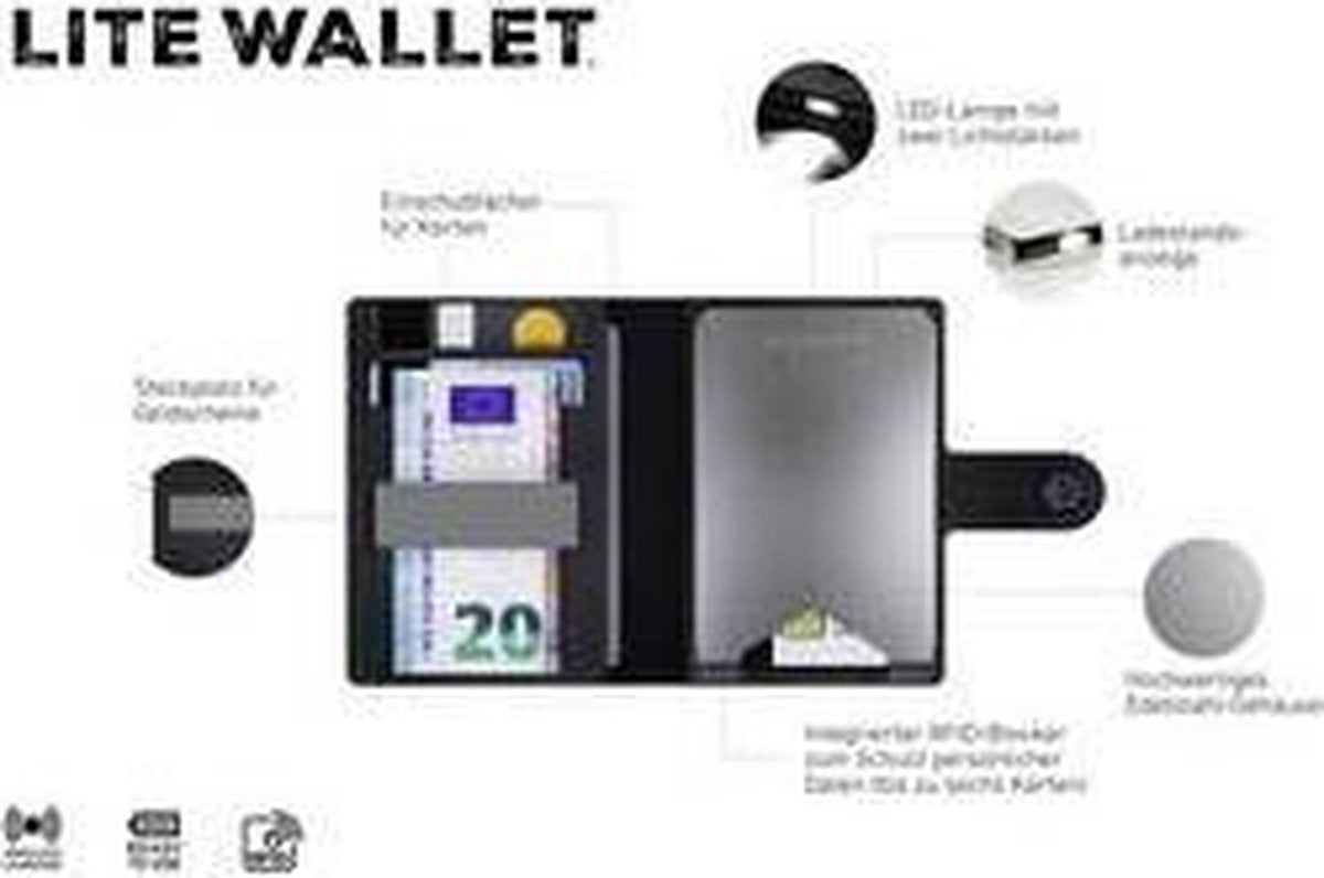 Lite Wallet - zaklamp - pasjeshouder - leer - draadloos opladen - RFID - Zwart