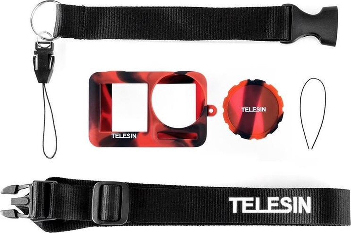 PRO SERIES Zachte Siliconen Rubber Beschermende Case + Lens Cover + Hand Strap voor Dji Osmo Action Camera - Rood Camougflage