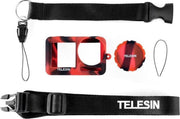 PRO SERIES Zachte Siliconen Rubber Beschermende Case + Lens Cover + Hand Strap voor Dji Osmo Action Camera - Rood Camougflage