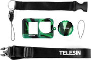 PRO SERIES Zachte Siliconen Rubber Beschermende Case + Lens Cover + Hand Strap voor Dji Osmo Action Camera - Groen Camouflage