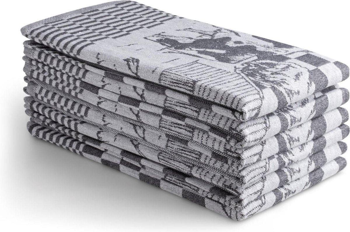 Seashell Oerhollands Theedoeken Set - 6 Theedoeken - Grijs boerderij patroon - 65x65cm