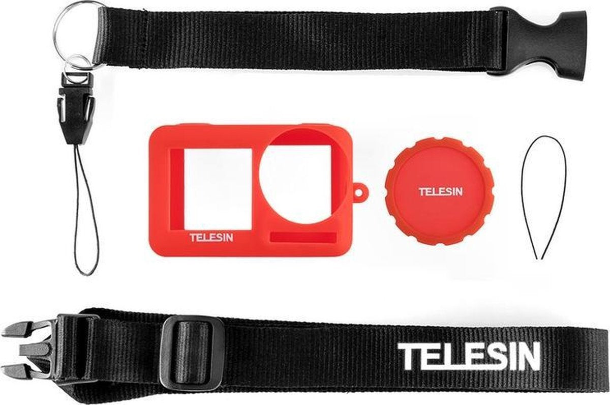 PRO SERIES Zachte Siliconen Rubber Beschermende Case + Lens Cover + Hand Strap voor Dji Osmo Action Camera - Rood