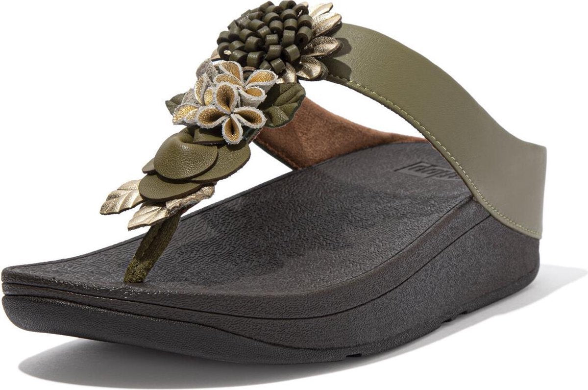 FitFlop™ Fino Floral Cluster Toe-Post Sandals Olive Green - Maat 39