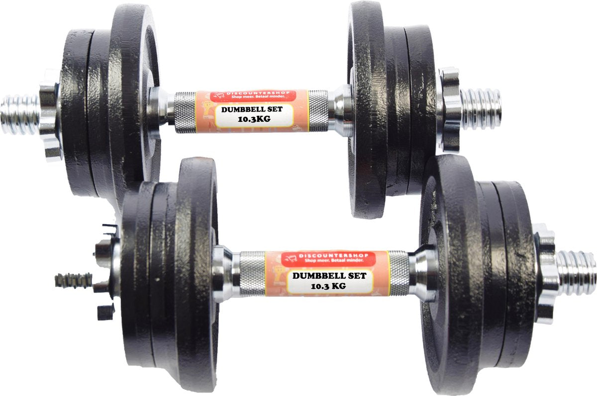 Discountershop® Verstelbare Dumbbell set 20.6 kg - Gietijzeren gewichten - 2x 10k.3g