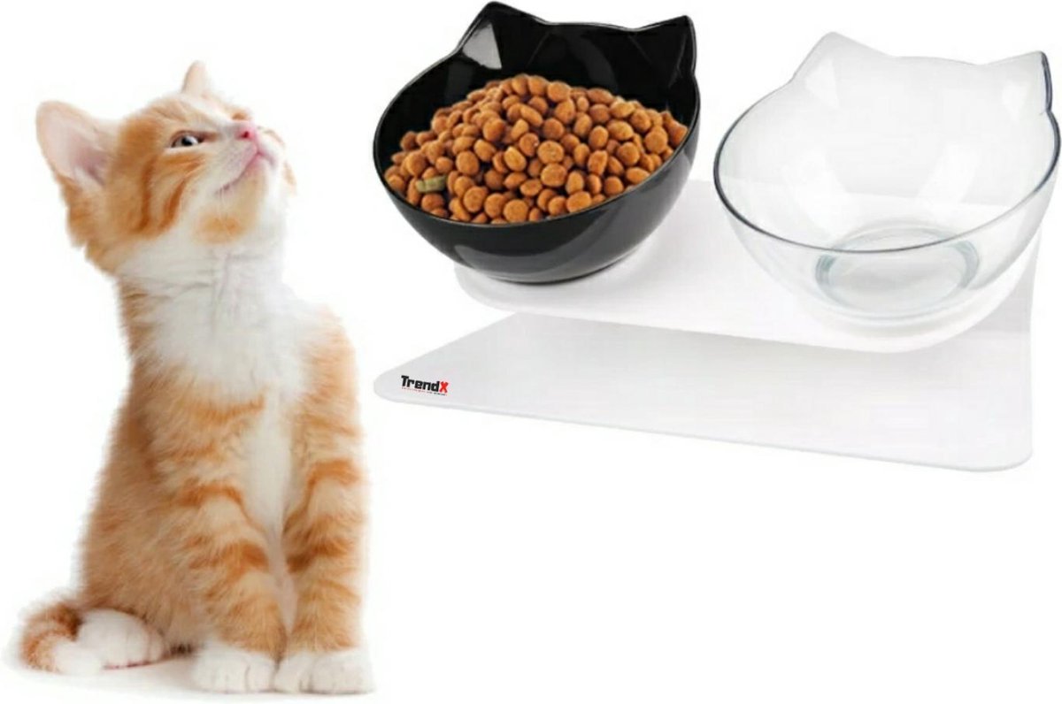 Dubbele Voerbak voor Katten - Voerbak voor Huisdieren - Ergonomische Voerbak voor Katten - Kantelbare Schaal -2 in 1 Voeder- en Drinkbakset- Accessoires voor Huisdieren - Zwart en Transparant