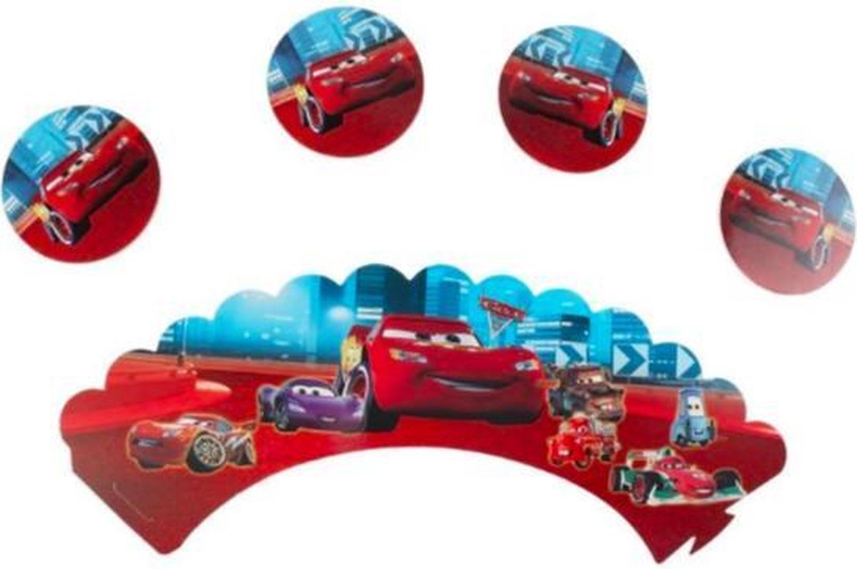 ProductGoods - 12 Stuks Cars Mini Cupcake Bakjes + 12 Cupcake Cars Versiering - Kinderen - Kinderfeestje - Party - Taart Decoraties - Verjaardag Decoratie - Happy Birthday - Cars - Omslagen - Omslag - mini cupcake vormpjes