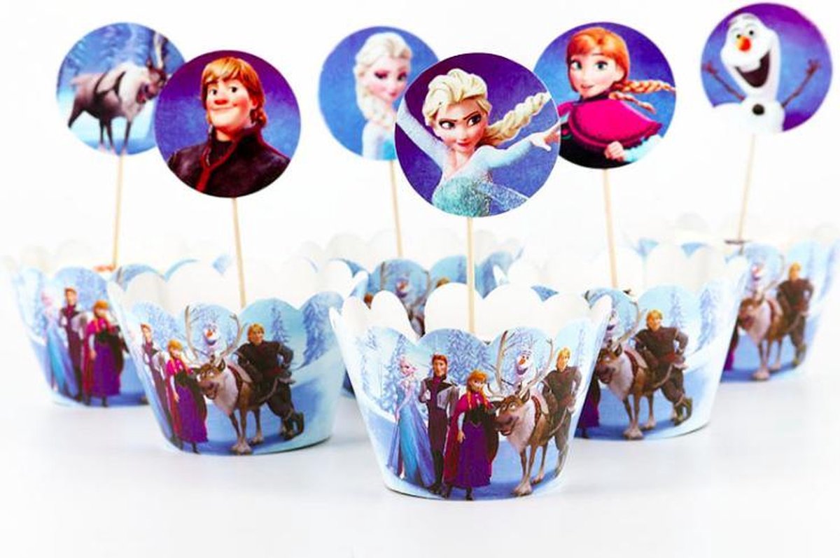 ProductGoods - 12 Stuks Frozen Mini Cupcake Bakjes + 12 Cupcake Frozen Versiering - Kinderen - Kinderfeestje - Party - Taart Decoraties - Verjaardag Decoratie - Happy Birthday - Frozen -  omslagen - omslag - mini cupcake vormpjes
