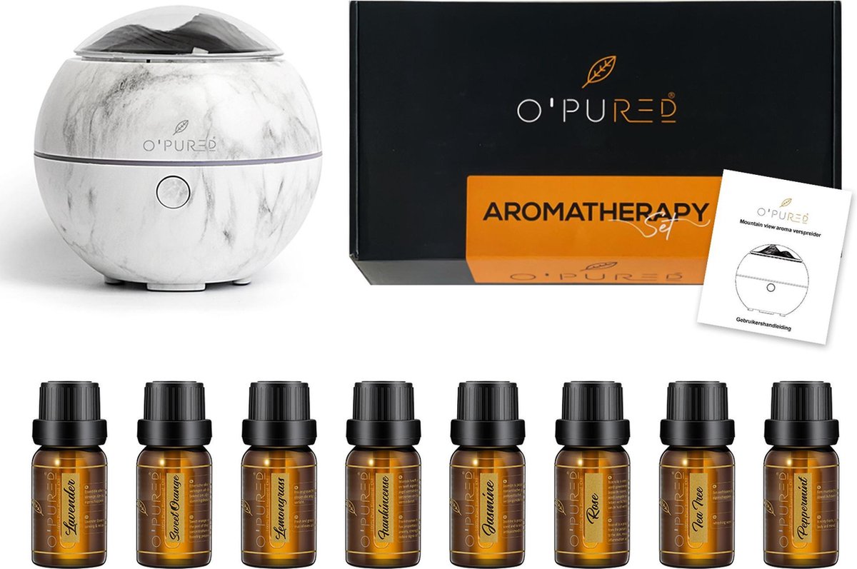 O'PUREd Aroma Diffuser | Geurverspreider | Luchtbevochtiger|Incl. 8 flesjes Etherische Olie | Aromatherapie | Marmer