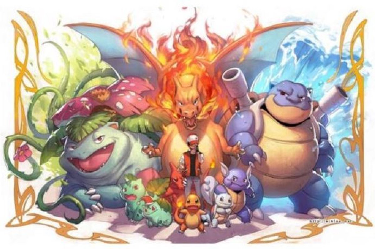Ashe met de 3 StartPokemon en hun Evaluaties - Diamond Painting - Pokemon - 15x20cm - Complete Set - Inclusief Tools - Stipco