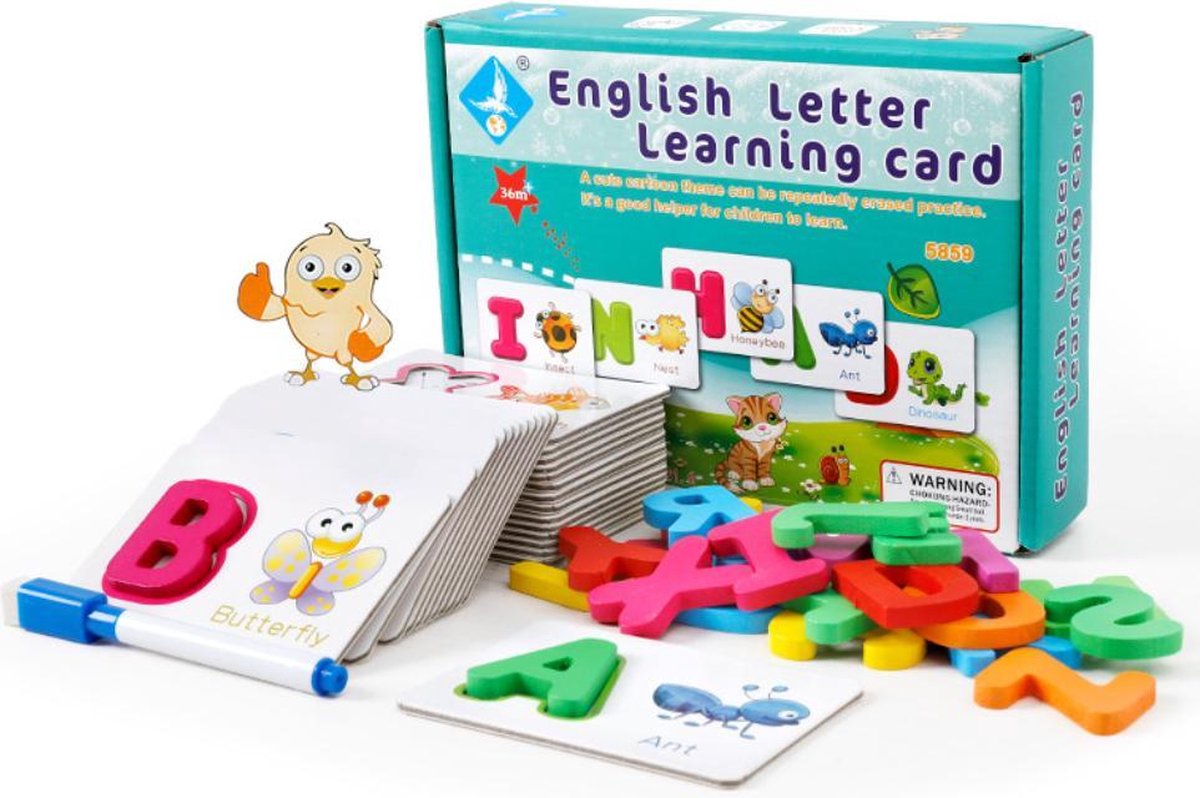 Houten Alfabet met Woordkaarten en Pen voor Schrijftraining - Engelse letters en Woorden cognitief speelgoed - Kinderen alfabetiseringskaart - Leren verlichting - Early Education Card