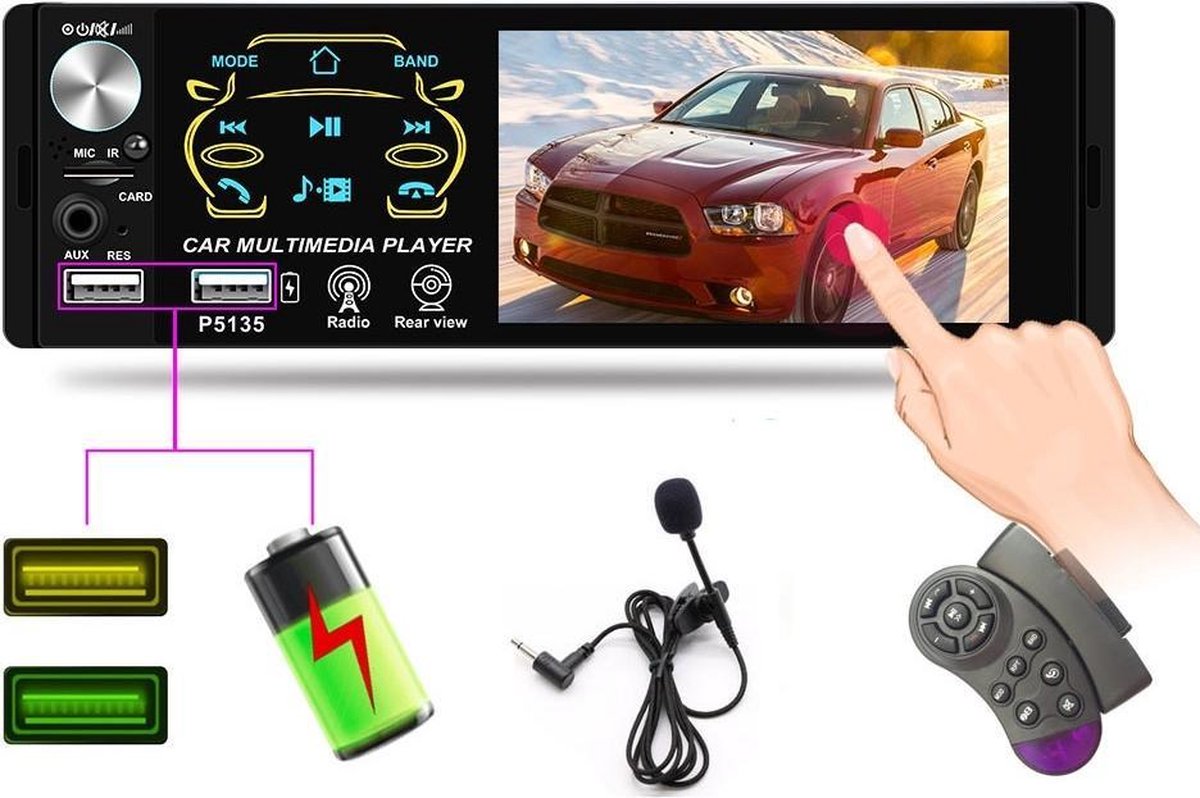 TechU™ T40 Autoradio 1 Din 4.1inch + Afstandsbediening en Stuurwielbediening – Bluetooth – USB – AUX – SD – FM radio –  Handsfree bellen – Autoradio met scherm – Stembediening