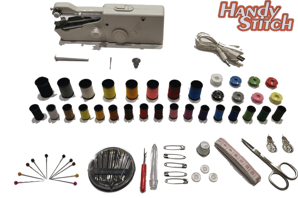 Handy Stitch - PREMIUM Handnaaimachine met USB Kabel en 92 Delige Starterskit - Compact - Draagbare reis naaimachine - Incl. 34 Spoelen met garen - Elektrisch of op Batterijen