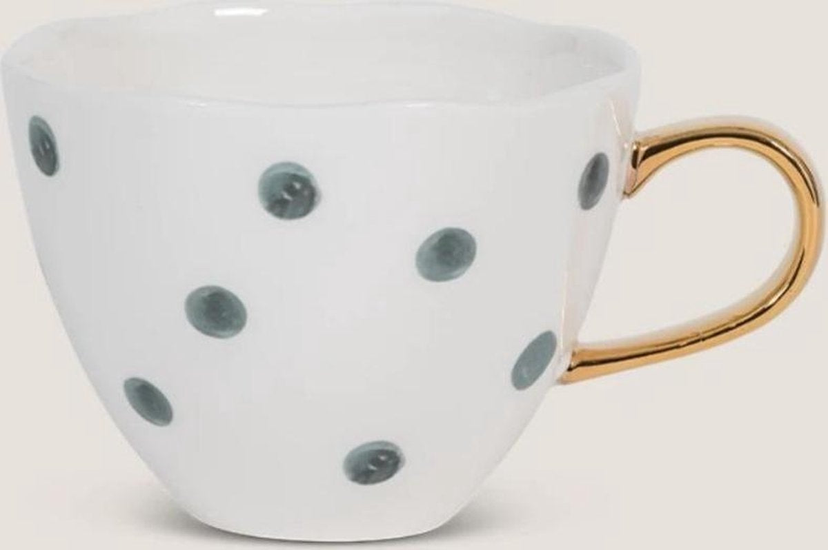 Alinterieur - Keuken -Servies - Thee/Koffiekopje -Wit met bolletjes - Gouden handvat - SET van 2