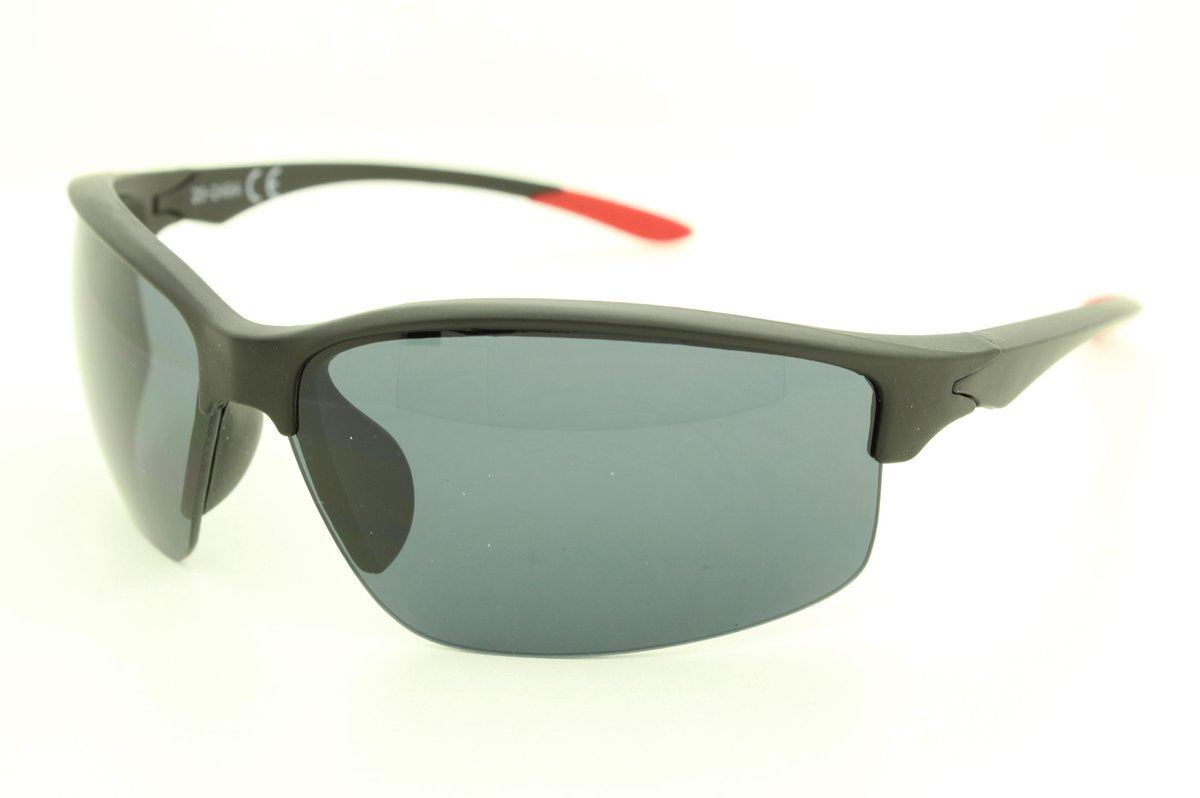 Sportbril met zwart-rood-montuur en zwarte glas. P- 204249.
