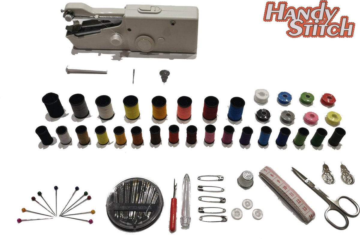 Handy Stitch - PREMIUM Handnaaimachine met 92 Delige Starterskit - Compact - Draagbare reis naaimachine - Incl. 34 Spoelen met garen - Elektrisch of op Batterijen