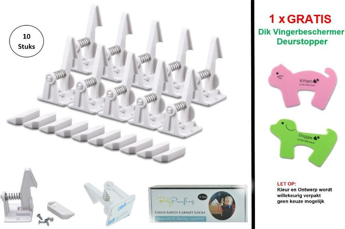 10 x Baby Onzichtbaar Kinderbeveiliging Veiligheid Kastslot / Zelfklevend Onzichtbaar Kinderslotjes voor Kastjes en Lades - Wit + 1 x Multifunctioneel Kast en Lade Slot Wit-Grijs + 1 x GRATIS Extra Dik Vingerbeschermer / Deurstopper