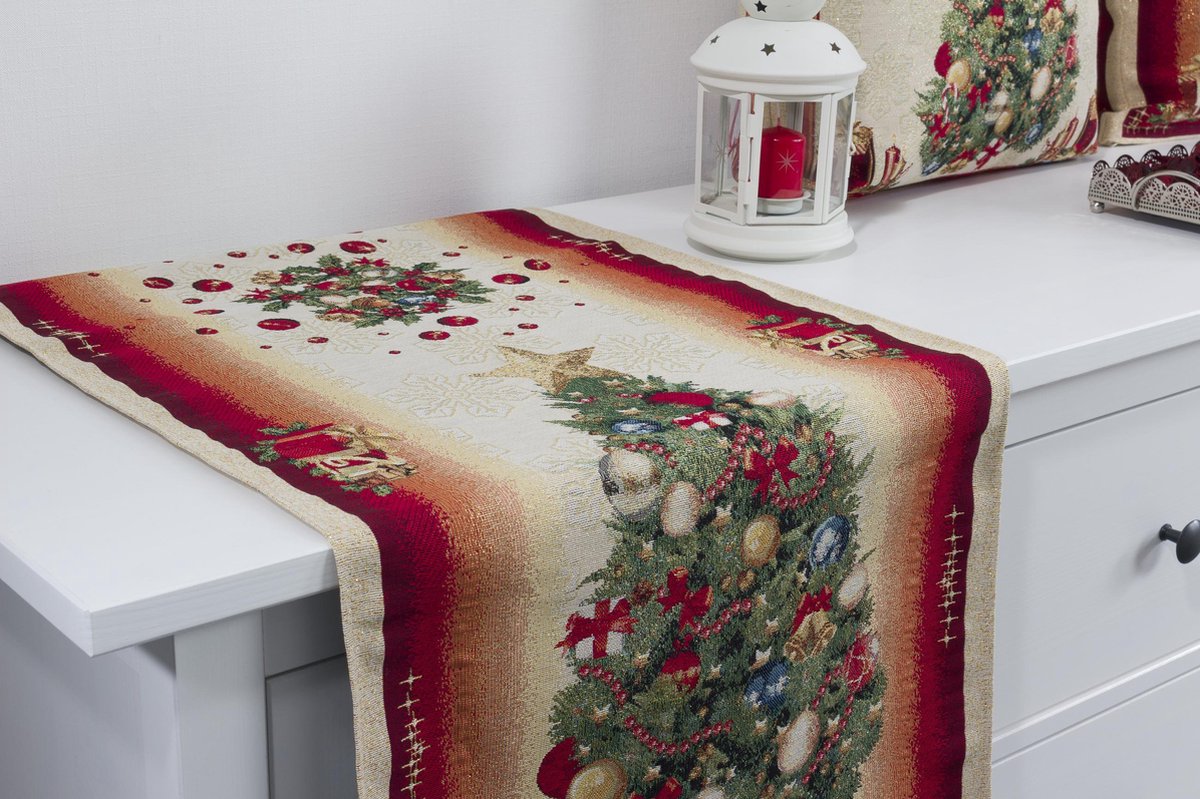 Tafelkleed - luxe gobelinstof - Kerst - Glam - Kerstboom - Cadeautjes - Loper 140 x 45 cm