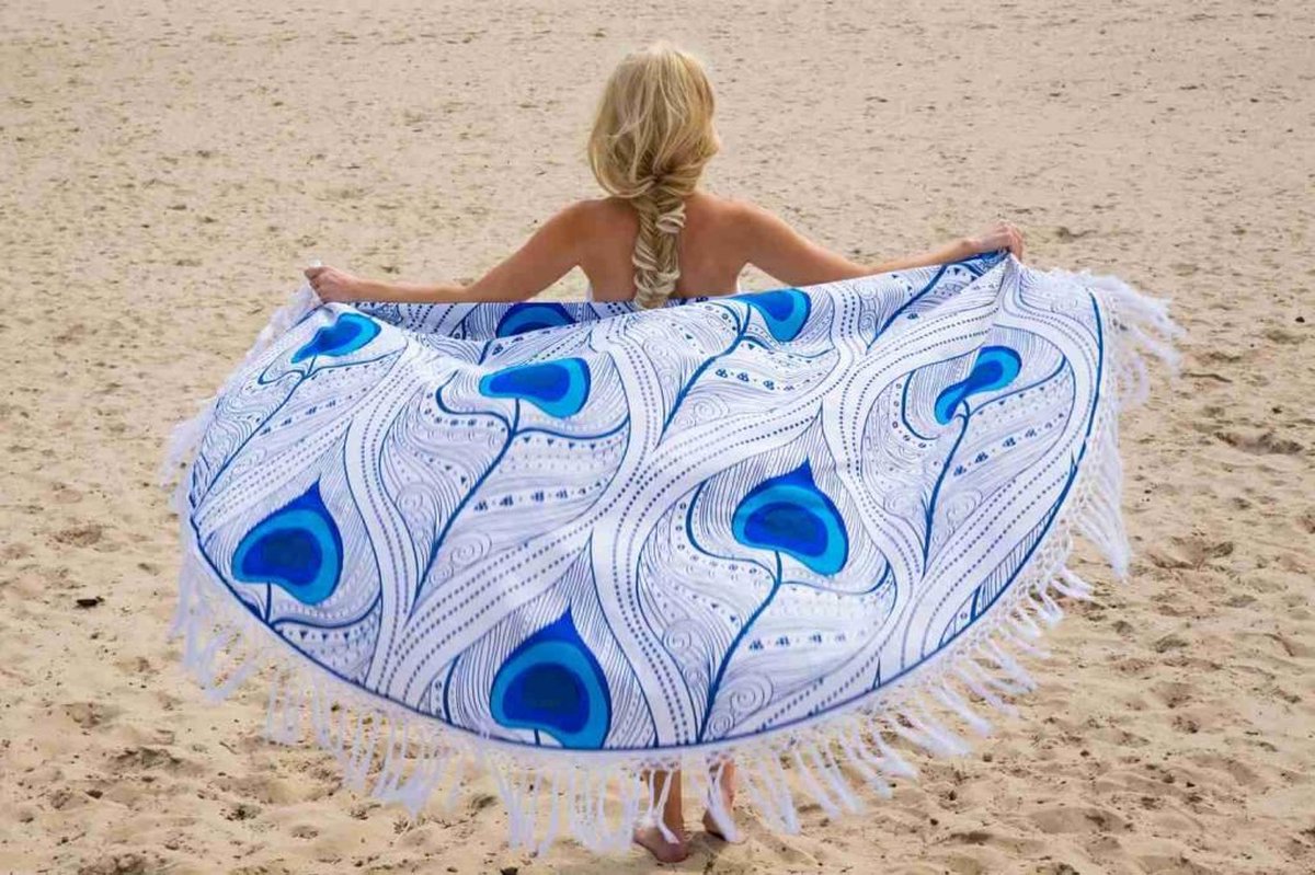 Rond strandlaken - Roundie Gypsy Peacock Feather Blue Fringe Ø 175cm -  roundie beach towel - roundie katoen  - ronde stranddoek - rond strandkleed
