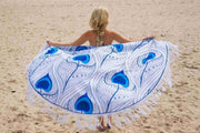 Rond strandlaken - Roundie Gypsy Peacock Feather Blue Fringe Ø 175cm -  roundie beach towel - roundie katoen  - ronde stranddoek - rond strandkleed
