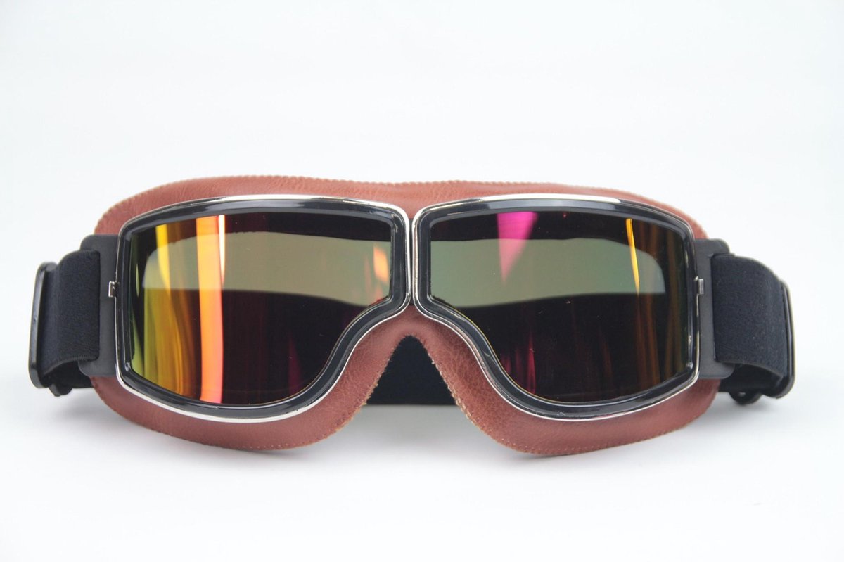 CRG bruin leren cruiser motorbril | Goud - Rood reflectie