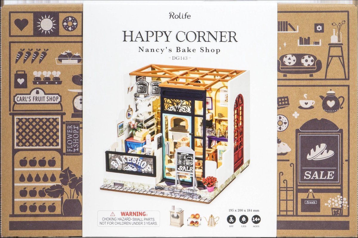 Voordeelpakket Happy Corner - Carl's Fruit Shop - Nancy's Bake Shop - Emily's Flower Shop - Robotime Houten Modelbouw met verlichting - Miniatuur Bouwpakket