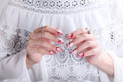 24-delige kunstnagel Art-decoratieset. Rood met florale stijldecoratie. Volledige dekking DIY Kunstnagels. 10 verschillende maten en minimaal 2 stuks per maat 9 varianten