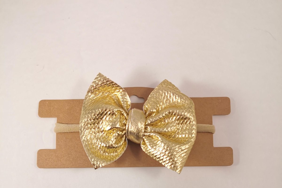 Stoffen Strik Goud Nylon Haarband | 0 t/m 12 jaar | Grote Strik | Kind Newborn Baby Meisje | Feest Kerst Hip Schattig Bruiloft