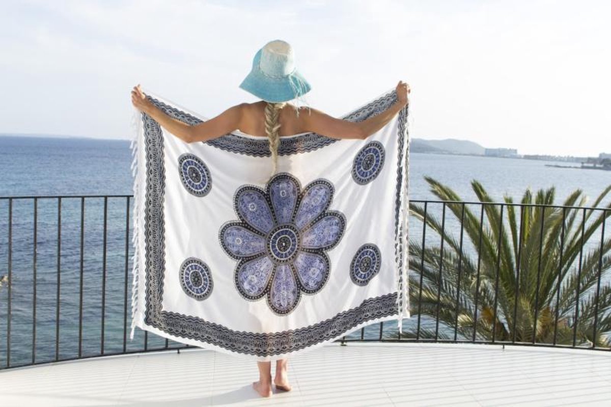 Sarong | 100 x 170cm | Pareo | Saunadoek | Wikkeldoek | Sjaal | Omslagdoek | Bali | Wit/Blauw/Zwart
