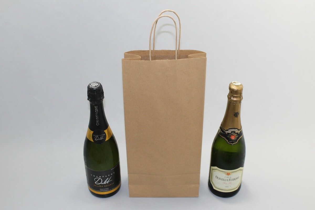 Draagtassen voor Flessen Bruin 18x8x39cm + kartonnen bodem Kraft papier 110 g/m (50 stuks)